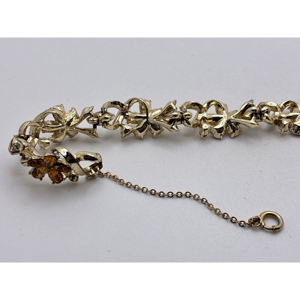 Coro Silver Amber Rhinestone Flower Vintage Jewelry Bracelet With Safety Clasp - Picture 5 of 9